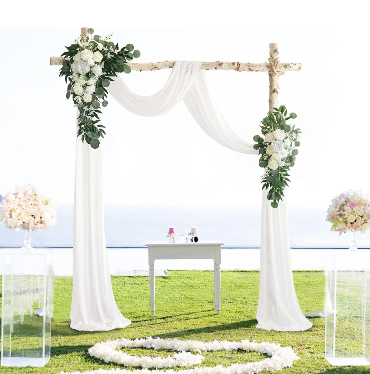 Artificial Wedding Arch Flowers Kit(Pack of 3), with 26Ft White Color Wedding Arch Draping Fabric, Wedding Flowers for Ceremony and Reception Backdrop