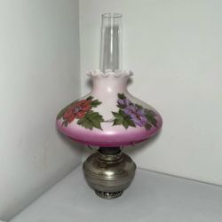ANTIQUE ALADDIN MODEL 9 NICKEL PLATED BRASS OIL LAMP w PAINTED FLORAL PINK SHADE