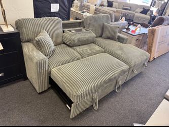 Grey Sleeper Sofa In Corduroy Fabric With Reversible Storage Chaise 