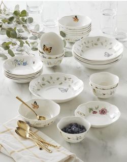 Lenox Dinnerware Set, Butterfly Meadow 24-Piece Bowls Set, Service For 6, Elegant Porcelain Dinnerware, Microwave And Dishwasher Safe, Dish Set, Plate