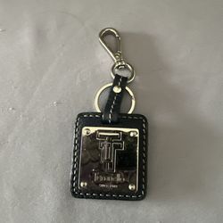 Tignanello Purse Key Fob Keychain Hang Tag Leather and Chrome Metal Navy Blue 