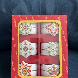 6 Porcelain/Ceramic Napkin Rings – Star Motifs, New in Box