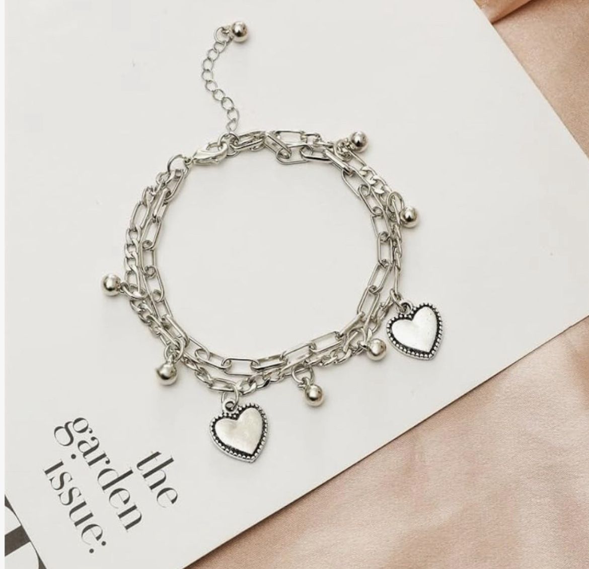 Silver Metal Alloy Layered Chain Bracelet w/ Heart Charms-Adjustable