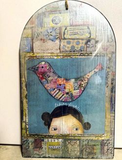 Kelly Rae Arch Bird Art Wall Hanging Plaque, MDF Patchwork, Ready to Hang