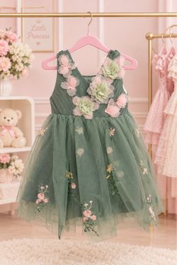 Girls Green Floral Tulle Party Dress