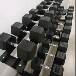 RUBBER HEX DUMBBELLS SET 5-80 Lb. WITH THE RACK.