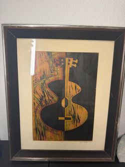 1977 Abstract Guitar Art Signed Rudy C. Ramirez Framed Vintage Music Artwork