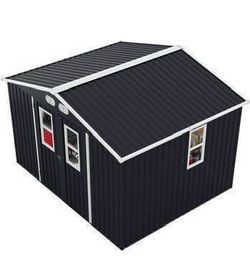 New in Box 8x10 FT Storage Shed Metal 4- Daylight Windows Lockable Doors Outdoor in Dark Gray