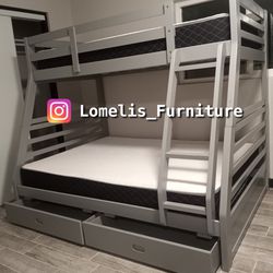 Twin/Full Gray Bunk bed w. Drawers & Ortho Mattresses Included 