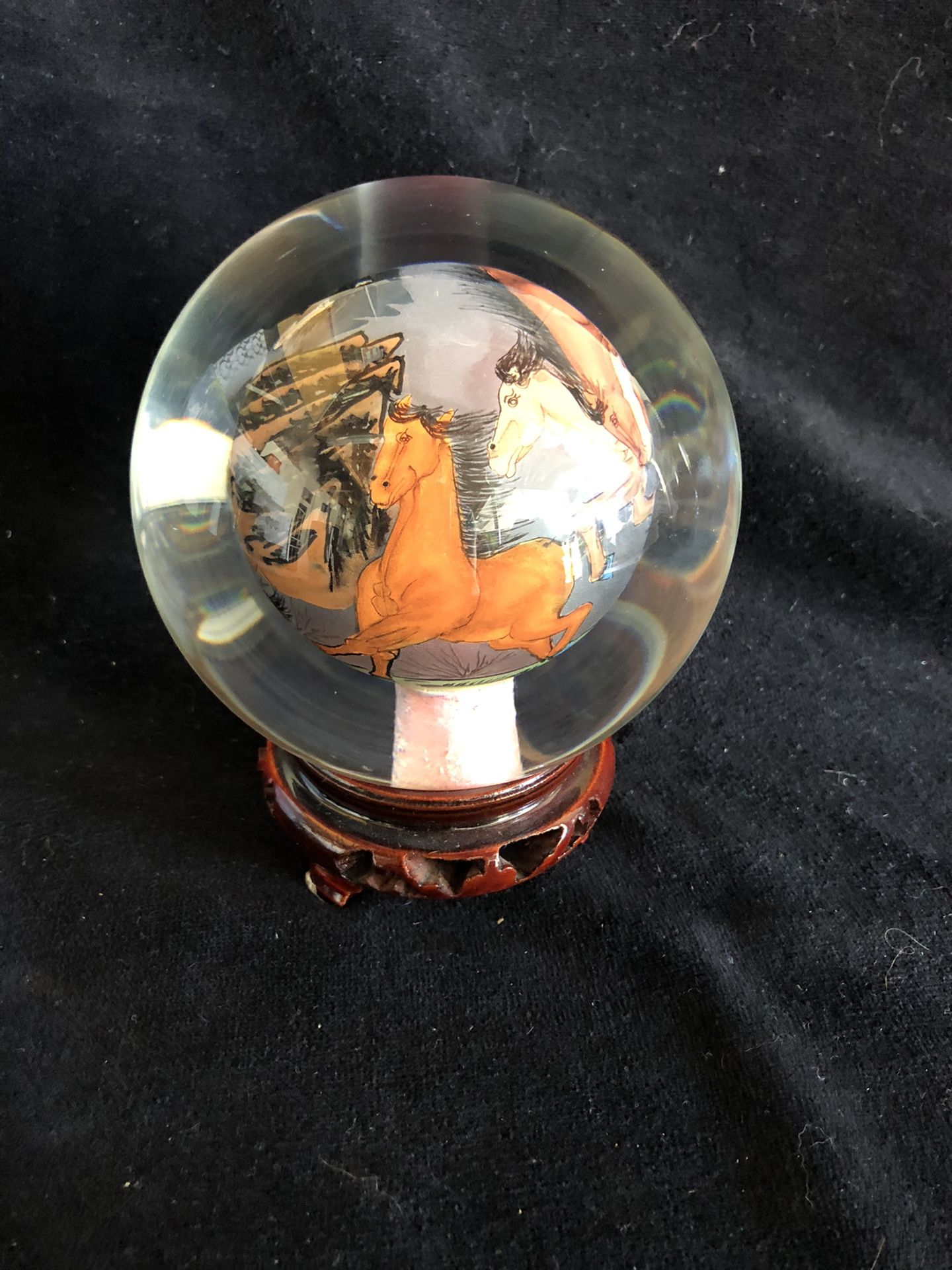 Vintage Japanese Reverse Hand Painted Horses Paperweight Glass