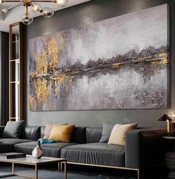 Large Gold Gray Abstract Wall Art 29x58 Framed Canvas Living Room Bedroom Wall Decor