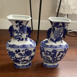 2 Blue & White Chinese Hexagon Lip Vases 