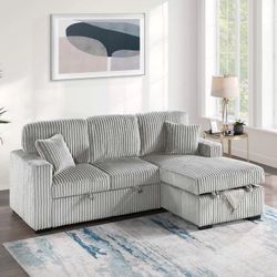 Gray Sofa Sectional w/ Pull- Out Sleeper & Drop Down Cup holder 