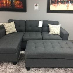 Brand New Grey Linen Sectional Sofa +Ottoman (New In Box) 