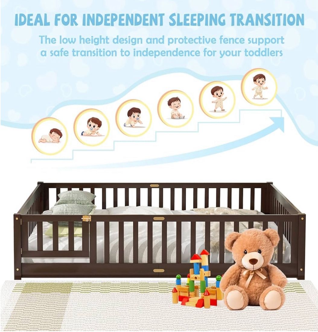 Full Size Montessori Floor Bed for Kids w/ Fence & Door, Espresso Wood Frame, No Box Spring