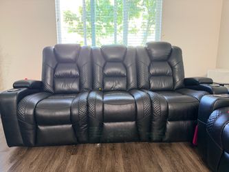2 Black Leather Reclining Sofa with Cup Holders