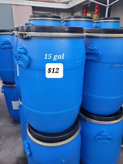 15 Gallon Plastic Barrels, $12 Each