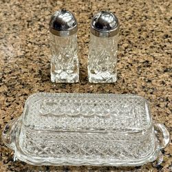 Anchor Hocking Wexford Salt Pepper Shakers Butter Dish 