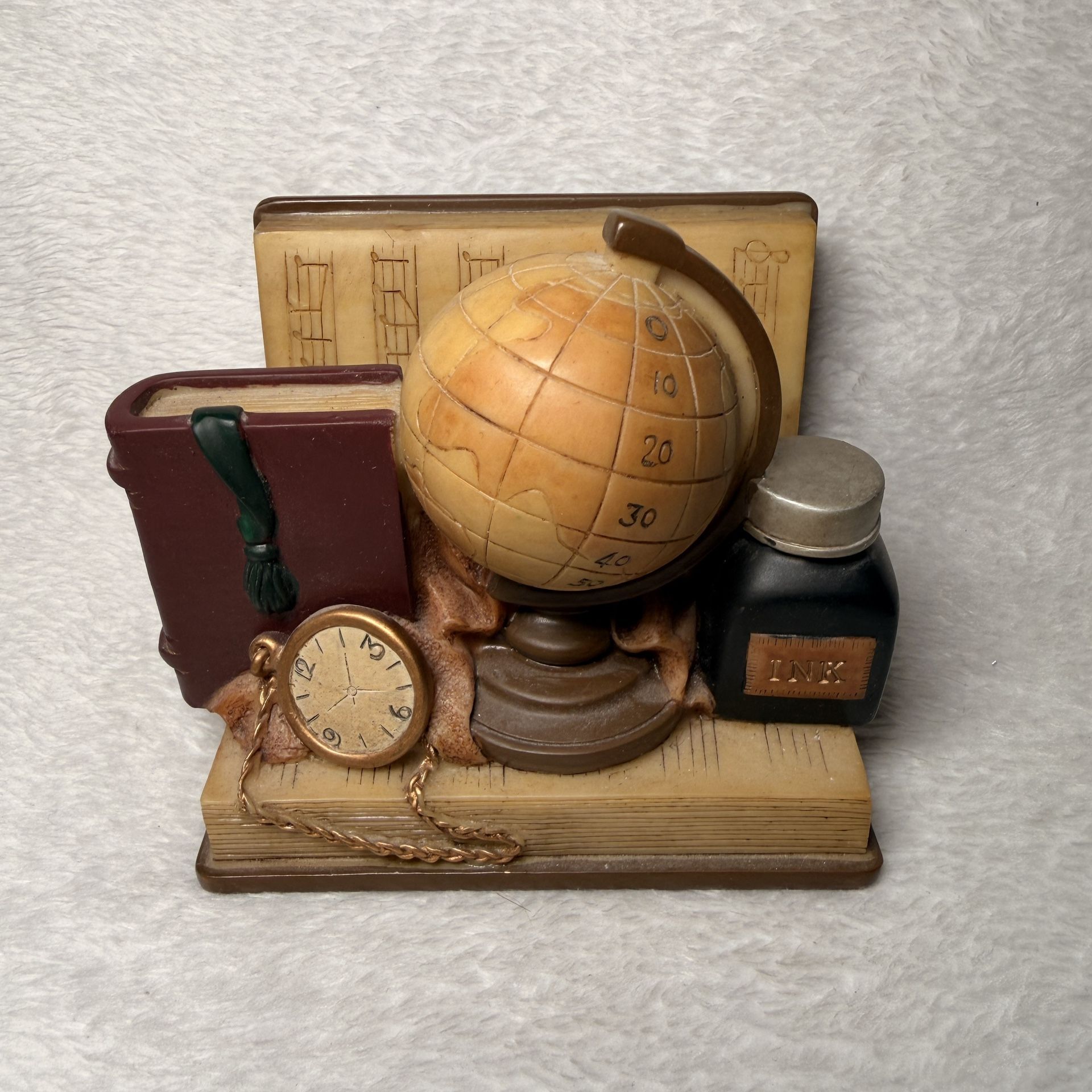 Vintage Desktop Business Card Holder~Sculpture of Music Book/Globe/Ink Bottle