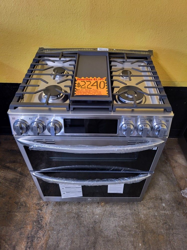 New LG ThinQ 5 Burner Double Oven Gas Slide In Stove With Air Fry 30
