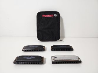 Lot of 4 Hohner Hot Metal Harmonica & Hohner Hoodoo Blue Harmonicas With Case