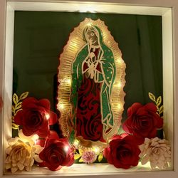 Glam Virgencita de Guadalupe  Our Lady of Guadalupe Shadow box with Handmade paper roses and Lights 