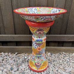 Mexican Talavera Red Birdbath Décor, Pottery, Clay Pot, Planter.