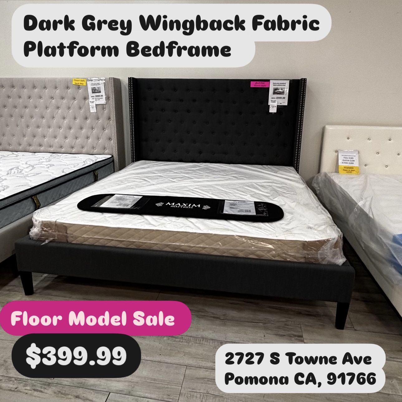 Dark Grey Wingback Platform Bedframe
