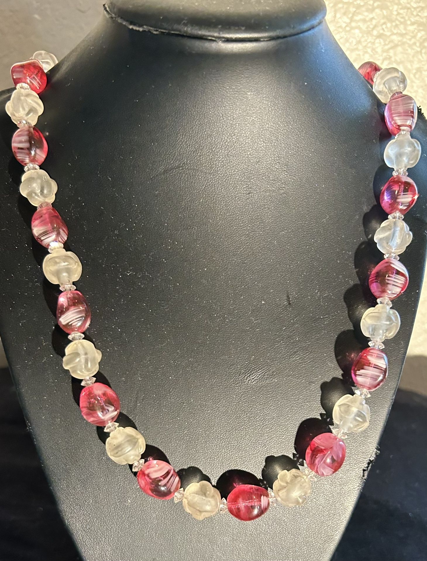 Vintage German Frosted Pressed Glass Pink And White Rope Necklace