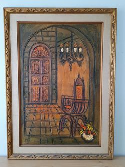 Large Vintage Etta B. Cien Impasto Painting – Gothic Door, Chandelier (32x44)