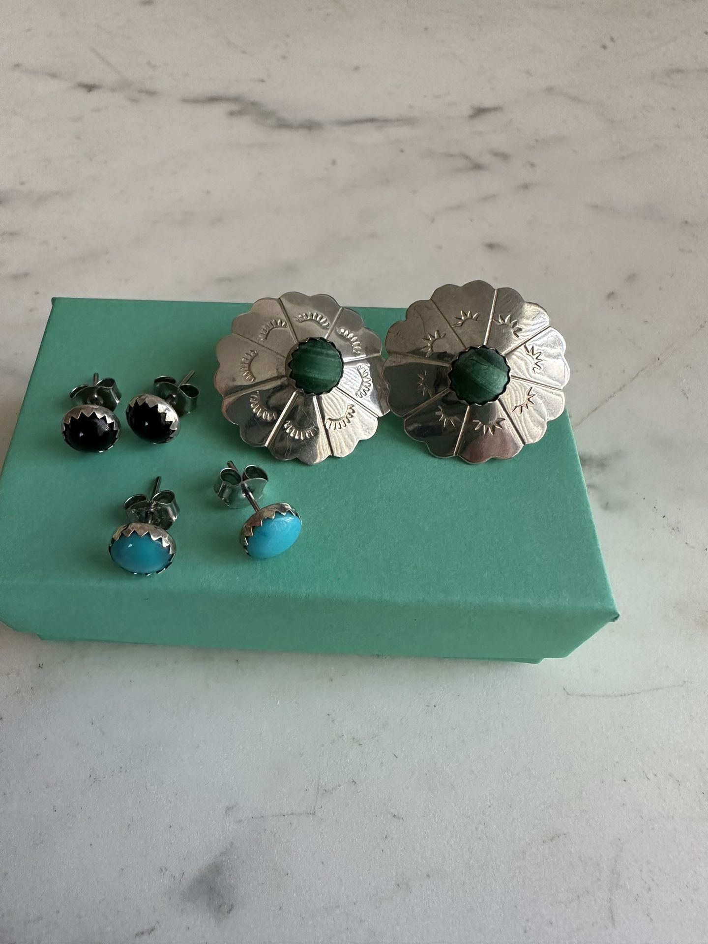 Vintage Sterling Silver Earring Set With Concho And 3 Genuine Studs, Malachite , Turquoise And Black Onyx