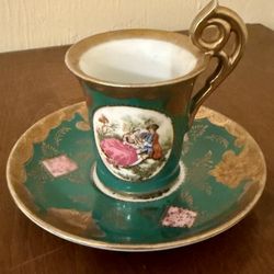   “Vintage Demitasse Cup & Saucer Green Gold Gilt Romantic Scene Porcelain”