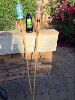 New American flag renewable bamboo Tiki torches with one unopened citronella-scented 50oz torch fuel