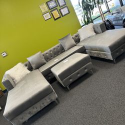 Grey  Velvet U Shape Sectional With Ottoman Pillows Included Chrome Legs Brand New In Box Firm Price $1,299