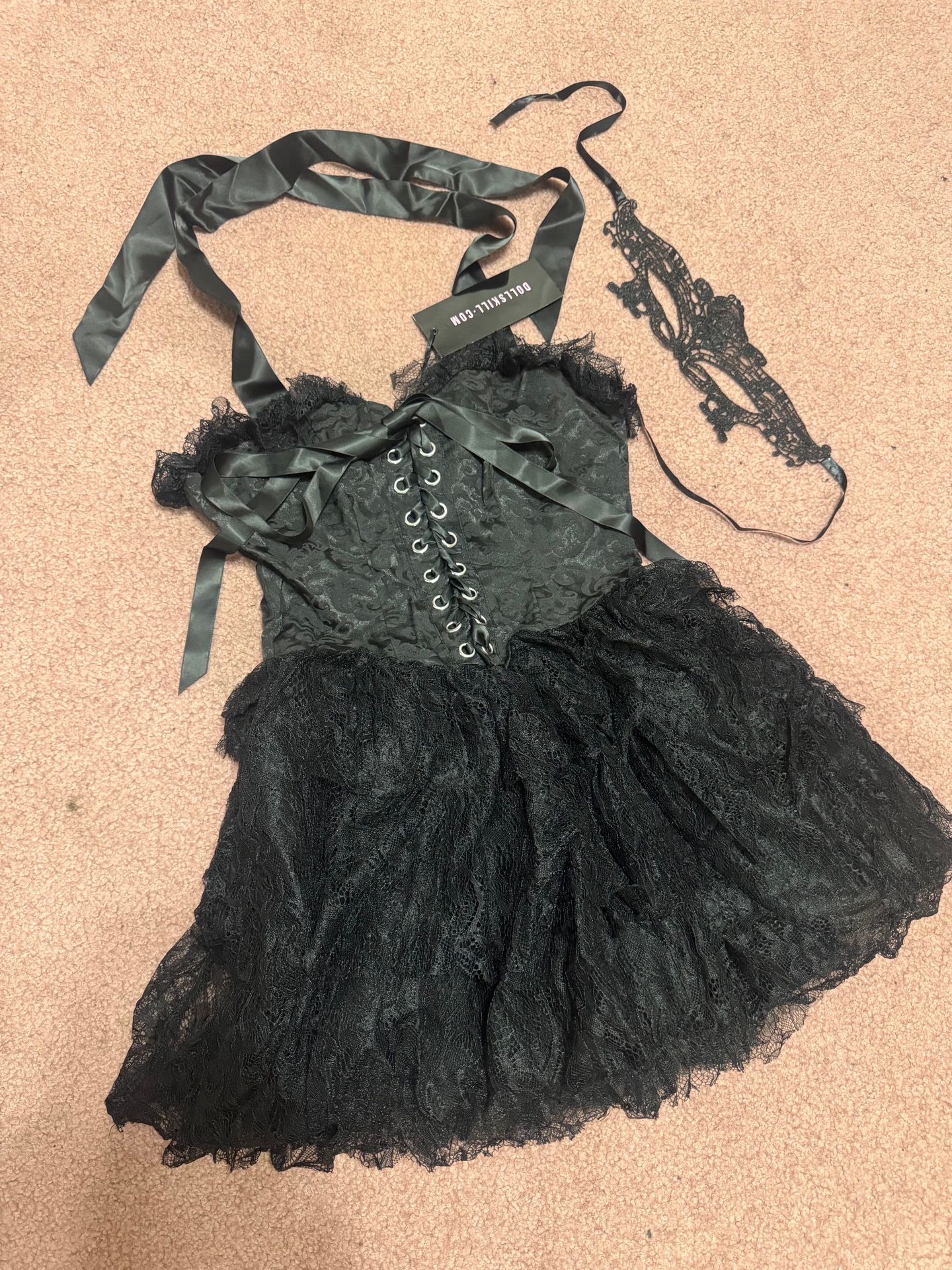 New large black dolls kill lace goth gothic dress costume corset Victorian mask