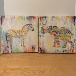 Magical Elephant and Zebra Print on canvas 12” x 12” each