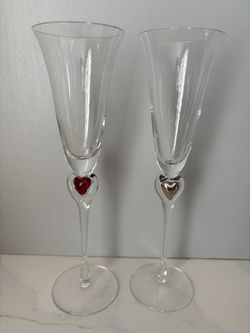 Champagne Flutes, set of 2 Ambiance Red & Gold Heart Art Glass Stem