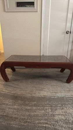 Asian Style Wood Coffee Table with Glass Top