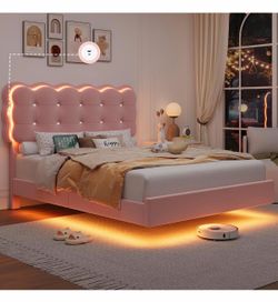 Full Size LED Bed Frame w/Charging Station Headboard, Floating Bed for Girl Upholstered Velvet Full Platform Bed with Adjustable Headboard,Crystal But