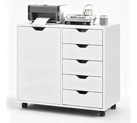 5-Drawer Rolling Storage Cabinet w/ Adjustable Shelf & Printer Stand White