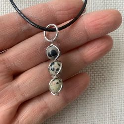 Dalmatian Jasper Wire-Wrapped Pendant Necklace Black Cord Charm