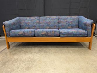 Vintage Blue Leaf Pattern Three-Seater Sofa with Wood Frame