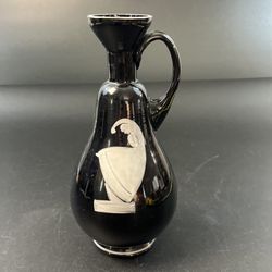 Vtg Black & White Art Glass Pitcher Vase 8” Hand Painted Boho Shabby Chic MCM