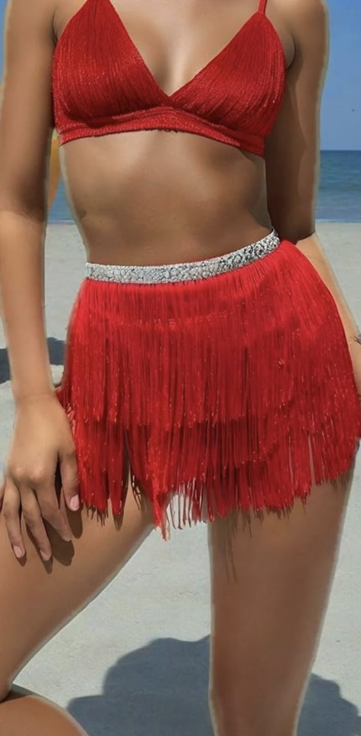 RED FRINGE Women Belly Dance Skirt Tassel Fringe Skirts Sparkly Sequin Hip Scarf 