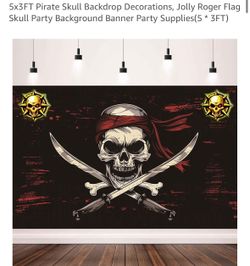 5x3FT Pirate Skull Backdrop Decorations, Jolly Roger Flag Skull Party Background Banner Party Supplies(5 * 3FT) 
