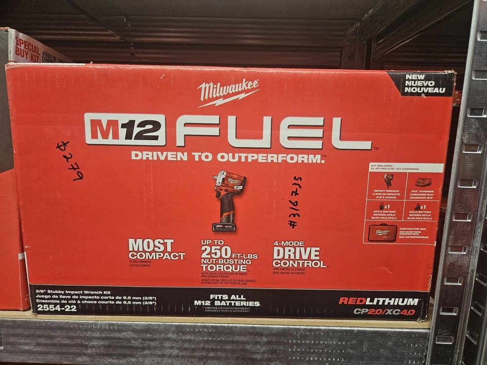 MilwaukeeM12 FUEL 12V Lithium Ion Brushless Cordless Stubby 3/8 in. Impact Wrench Kit with One 4.0 and One 2.0Ah Batteries