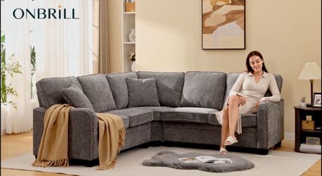 L Shaped Sectional Couch, Small Corner Sofa for Living Room, Comfy Chenille Sofa with Nailhead Trim Arms, 3 Throw Pillows, Convertible Sectional Couch