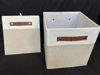 New Set of 2 Linen Cube Storage Bins 13” Square Beige & Cream