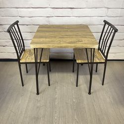 Metal Wood Look Table & Chairs Set 3pc
