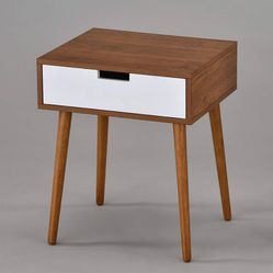 Light Walnut/White Side End Table Nightstand with Drawer 22.5" H